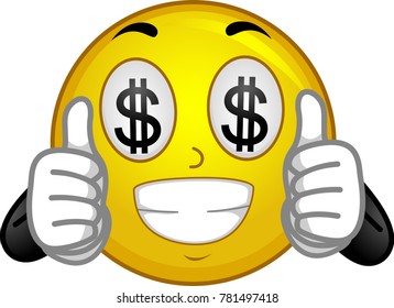 Illustration of a Smiley Mascot with Dollar Signs on Eyes and Okay Sign