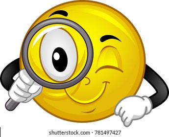 Illustration of a Smiley Mascot Holding a Magnifying Glass Inspecting Something Thoroughly