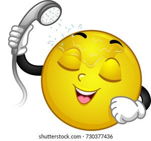 Illustration of a Smiley Mascot Holding a Shower Head Showering