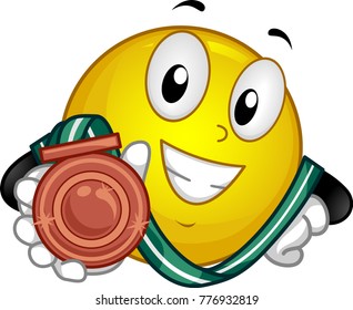 Illustration of a Smiley Mascot Showing Off Its Bronze Medal