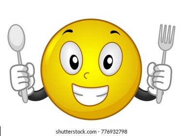Illustration of a Smiley Mascot Smiling and Holding Spoon and Fork Waiting for Food
