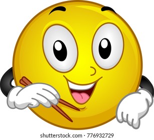 Illustration of a Smiley Mascot Using a Chopsticks and Smiling