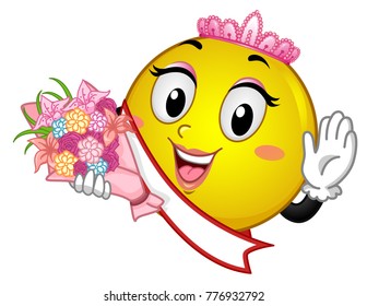 Illustration of a Smiley Mascot Wearing a Crown and a Sash and Holding a Bouquet of Flowers Waving