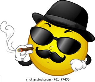 Illustration of a Smiley Mascot Wearing Mafia Costume in Black Hat, Sunglasses and Mustache and Smoking Cigar