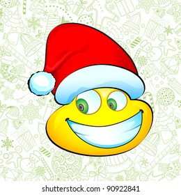 illustration of smiley with santa hat on christmas background