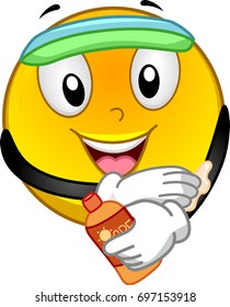 Ilustración de un sonriente con una visera de sol rociando el protector solar en su brazo