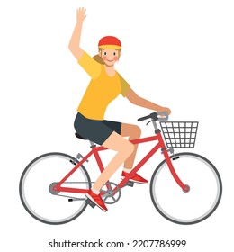Illustration of a smiling 8th life Caucasian woman riding a bicycle and waving her hand. Bicycle commuting, health promotion, ecology, sports