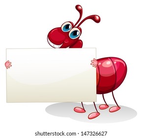 Illustration of a smiling ant holding an empty whiteboard on a white background 