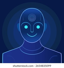 Ilustración de una figura sonriente de inteligencia artificial. Este concepto visualiza una IA amigable e inteligente, adecuada para tecnología, redes neuronales, innovación y temas de interfaz digital.