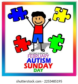 Illustration of a smiling autistic boy with several colorful puzzle pieces with bold text in a colorful frame on a white background to commemorate Autism Sunday on Second Sunday In February 