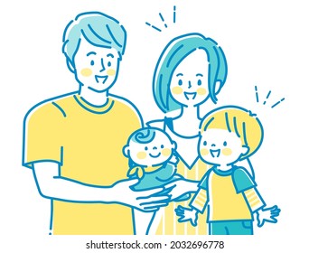 Ilustración de un bebé, papá, mamá y hermano sonrientes