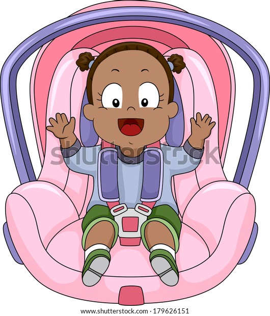 Illustration of a Smiling Baby Girl Strapped to a\
Car Seat