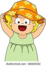 Illustration of a Smiling Baby Girl Wearing a Floral Sun Hat