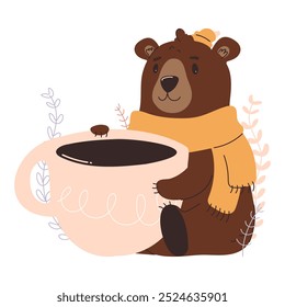 Ilustração de um urso sorridente vestindo um cachecol e chapéu, segurando uma grande xícara de café, rodeado por simples elementos vegetais.