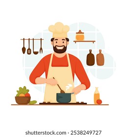 Ilustração de um sorridente chef barbudo mexendo um pote na cozinha, rodeado por vegetais frescos, utensílios de cozinha e ferramentas de cozinha. Chef barbudo mexendo potenciômetro na cozinha