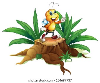 Illustration of a smiling bee above the trunk on a white background