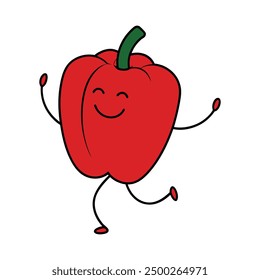 An illustration of a smiling bell pepper character dancing in line art.