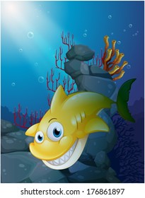 Illustration of a smiling big shark under the sea on a white background