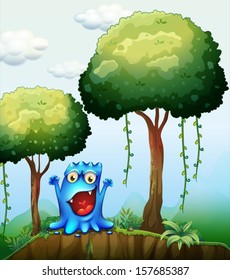 Illustration of a smiling blue monster at the forest near the cliff