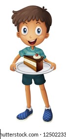 Illustration of a smiling boy with cake on a white background