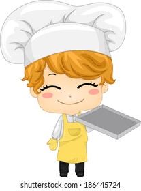 Illustration of a Smiling Boy Carrying an Empty Baking Tray