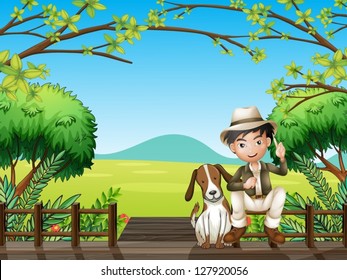 Illustration of a smiling boy and a dog sitting on a wooden platform