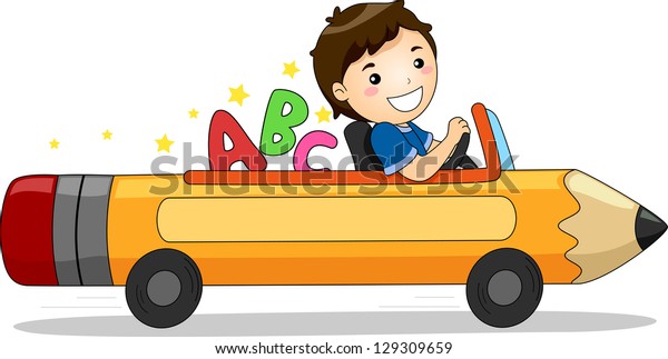 Abcを背にして鉛筆のような車を運転する笑顔の少年のイラスト のベクター画像素材 ロイヤリティフリー