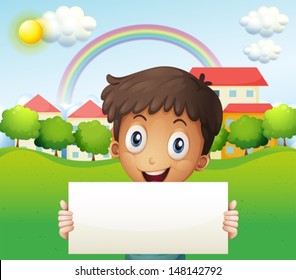 Illustration of a smiling boy holding an empty cardboard