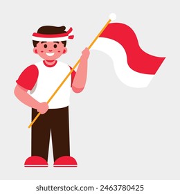 Illustration of a smiling boy holding a red and white Indonesia flag, wearing a headband and red shoes