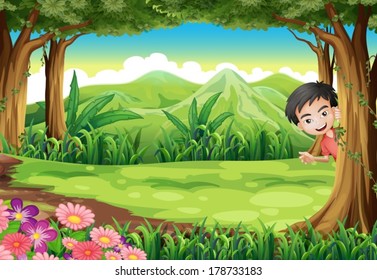 Illustration of a smiling boy playing hide and seek at the forest