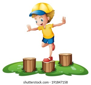 Illustration of a smiling boy playing with the stumps on a white background