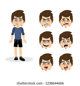 Illustration of a smiling boy with six emotion faces cartoon set