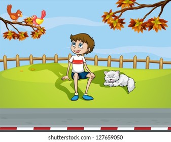 Ilustración de un niño sonriente y un gato dormido