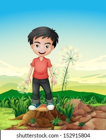 Illustration of a smiling boy standing above a stump