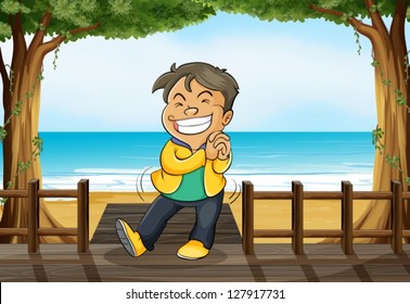 Illustration of a smiling boy standing on a wooden platform on a beach