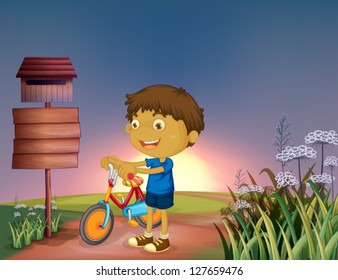 Ilustración de un niño sonriente y puesta de sol