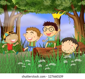 Illustration of smiling boys and flag