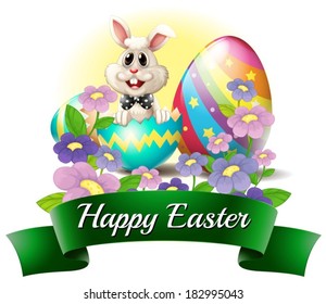 Illustration of a smiling bunny with a happy Easter label on a white background