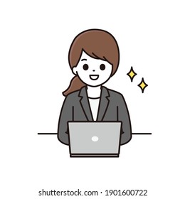 Illustration of a smiling business woman in front of a computer