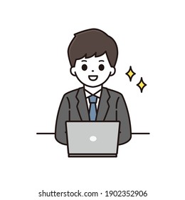 Illustration of a smiling businessman in front of a computer