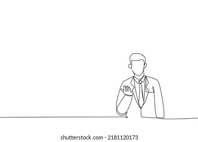 Illustration of smiling businessman hand beckoning someone. One line art style
