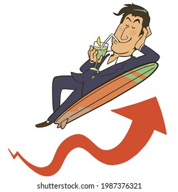 Illustration of a smiling businessman riding the wave of an ascending arrow. Vector illustration on white background.