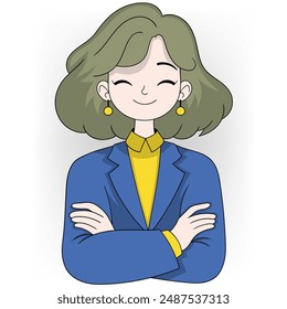 An illustration of a smiling businesswoman with green hair, wearing a blue blazer and yellow shirt.