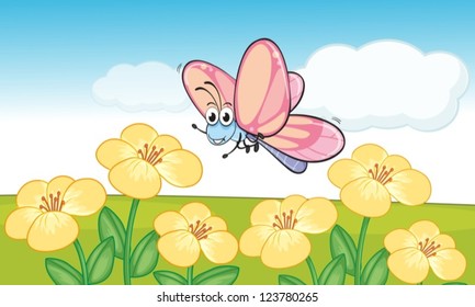 Illustration of a smiling butterfly in beautiful nature