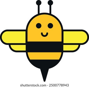 Illustration of a smiling cartoon bee with yellow and black stripes, wings, and antennae.