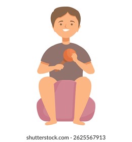 Illustration of a smiling cartoon boy seated on a purple ball and playing a small drum