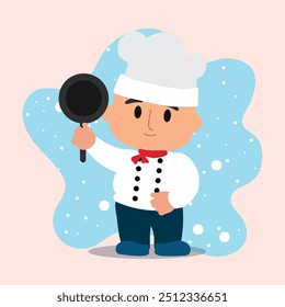 Illustration of a smiling cartoon chef holding a frying pan and waving. Vector illustration