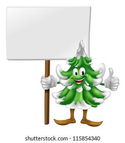 Illustration of a smiling cartoon Christmas tree character holding a sign