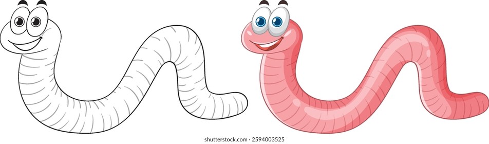 Illustration of smiling cartoon worms in color and outline versions