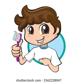Illustration Smiling Caucasian Boy Holding a Toothbrush Encouraging Oral Hygiene. Ideal for institutional educational campaigns